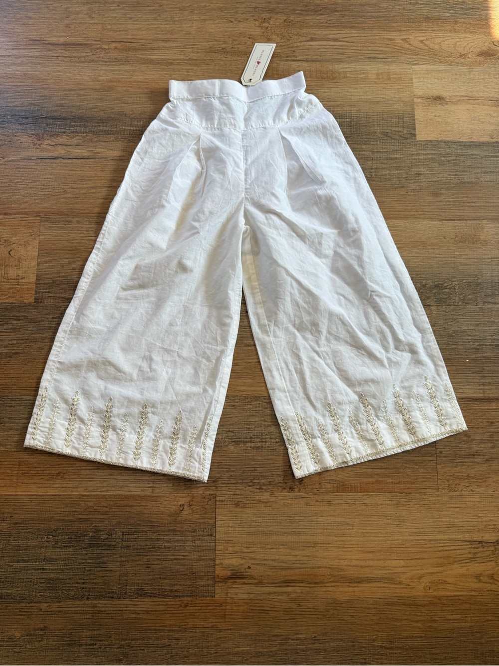 Kids White Wide-Leg Embroidered Lightweight Pants Size 5/6 years